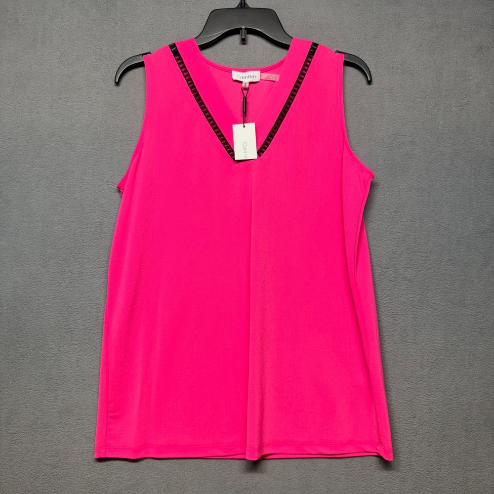 Calvin Klein V-Neck Sleeveless Blouse Pink Shell Top M Layering Bright Career